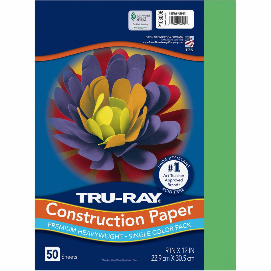 Tru-Ray Construction Paper - 12" Width x 9" Length - 76 lb Basis Weight - Festive Green - Sulphite - 50 / Pack
