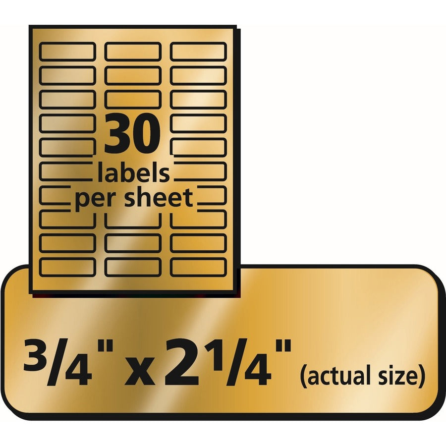 Avery®  Foil Mailing Labels - 3/4" Height x 2 1/4" Width - Permanent Adhesive - Rectangle - Inkjet - Gold - Paper, Foil - 30 / Sheet - 10 Total Sheets - 1500 Total Label(s) - 300/Pack - 5 / Carton