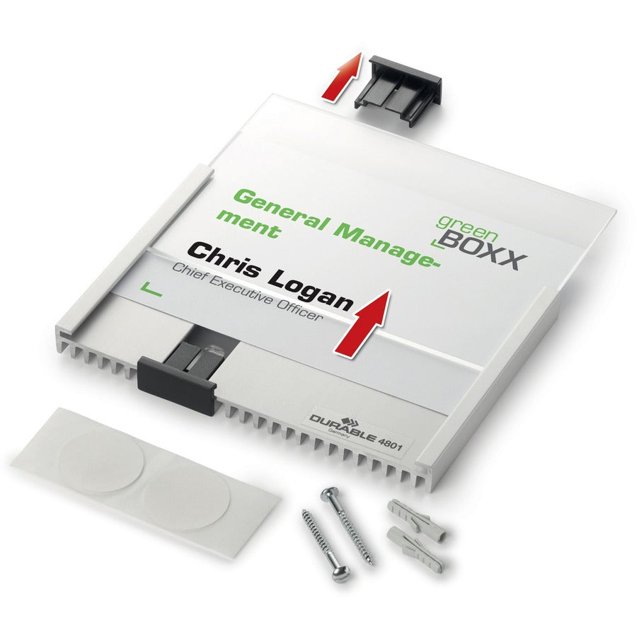 DURABLE Info Sign 149x105.5 mm - 5.9" Width x 4.2" Height - Rectangular Shape - Wall Mountable, Door-mountable - Anti-glare - Indoor - Acrylic, Aluminum - Silver - 1 Each