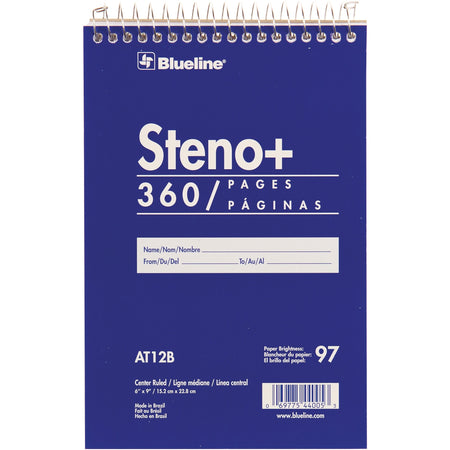 Blueline White Paper Wirebound Steno Pad - 350 Sheets - Wire Bound - Front Ruling Surface - 6" x 9" Sheet Size - White Paper - Cardboard Cover - Stiff-cover - 1 Each