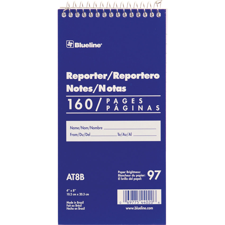 Blueline Reporter Notebook - 160 Sheets - Spiral - 4" x 8" Sheet Size - White Cover - 1 Each