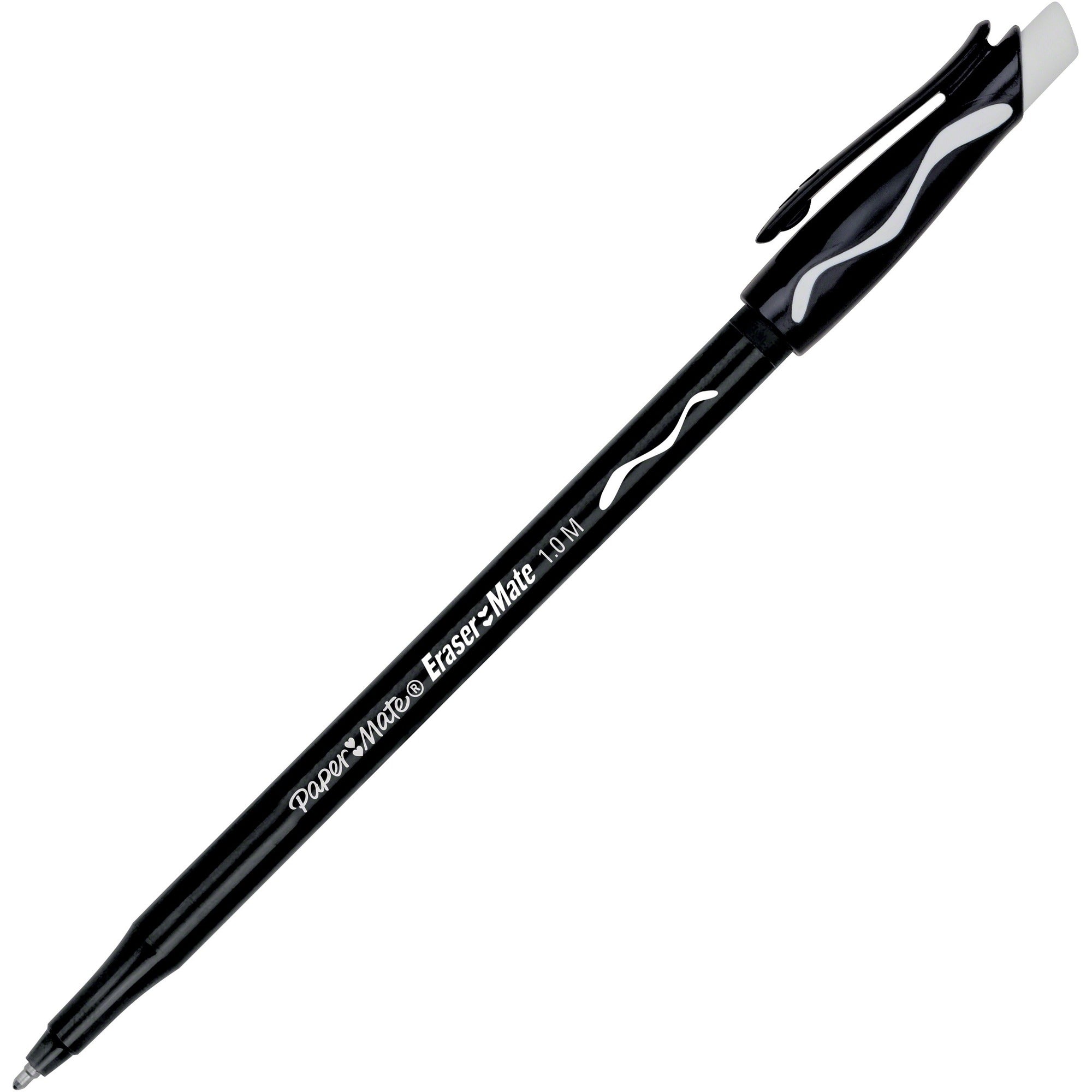 Paper Mate Erasermate Ballpoint Pens - Medium Pen Point - Retractable - Erasable - Black Ink - Black Barrel - 1 Dozen