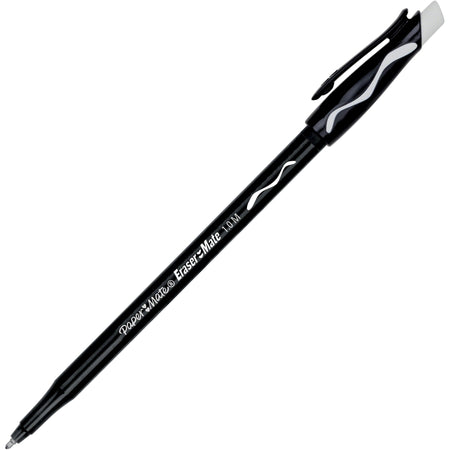 Paper Mate Erasermate Ballpoint Pens - Medium Pen Point - Retractable - Erasable - Black Ink - Black Barrel - 1 Dozen