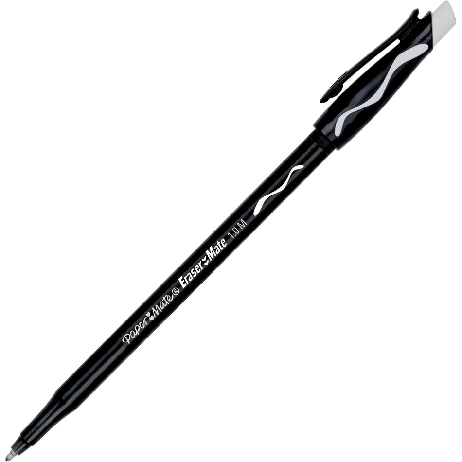 Paper Mate Erasermate Ballpoint Pens - Medium Pen Point - Retractable - Erasable - Black Ink - Black Barrel - 1 Dozen