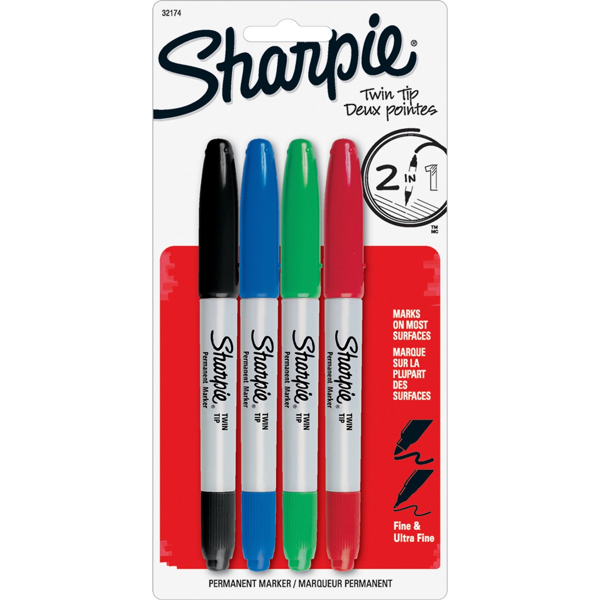 Sharpie Twin-Tip Markers - 1 mm Ultra Fine, 0.3 mm Fine Marker Point - Black, Red, Blue, Green Ink - Alcohol Based - 4 / Set