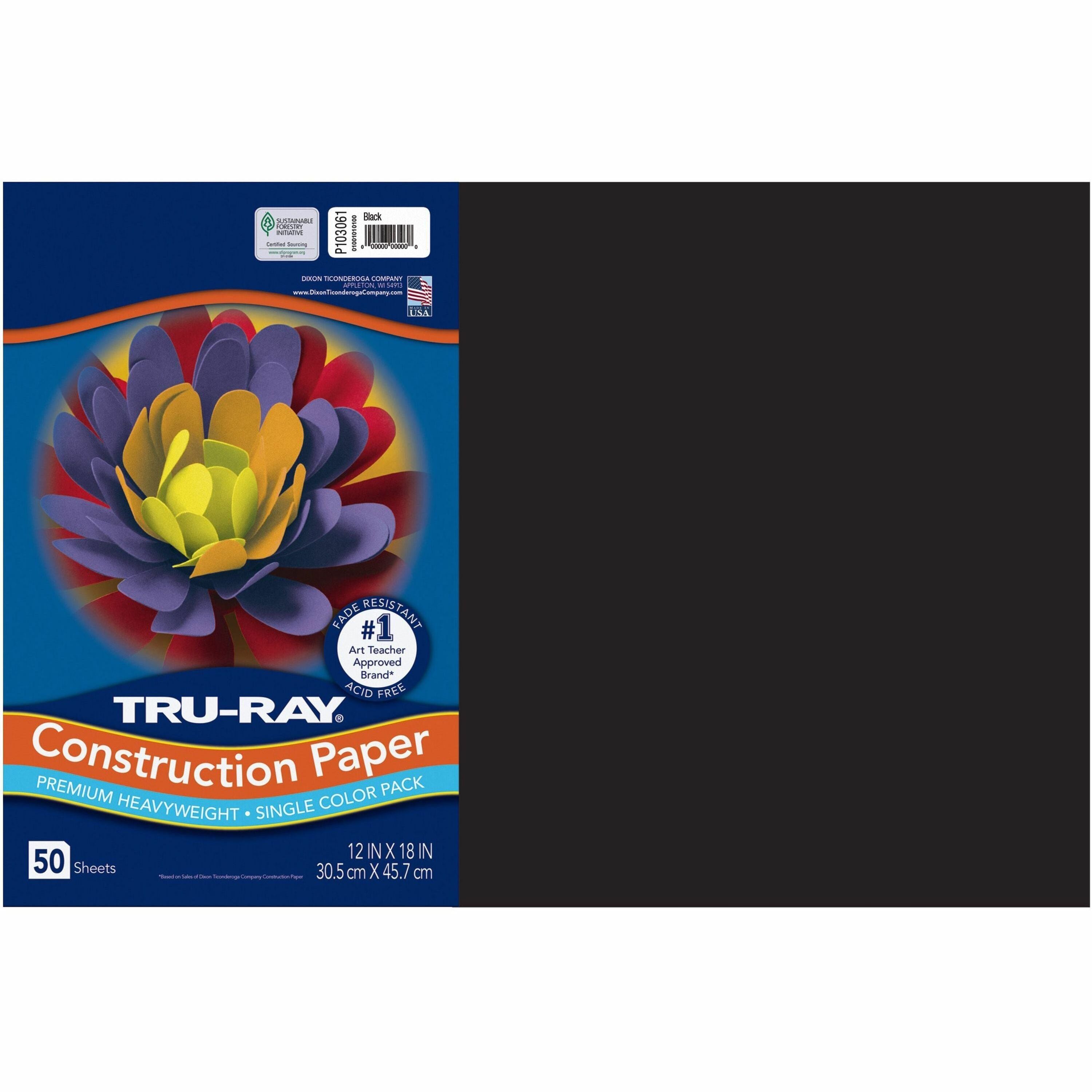 Tru-Ray Heavyweight Construction Paper - Art, Craft - 18" Width x 12" Length - 76 lb Basis Weight - Black - Paper - 50 / Pack