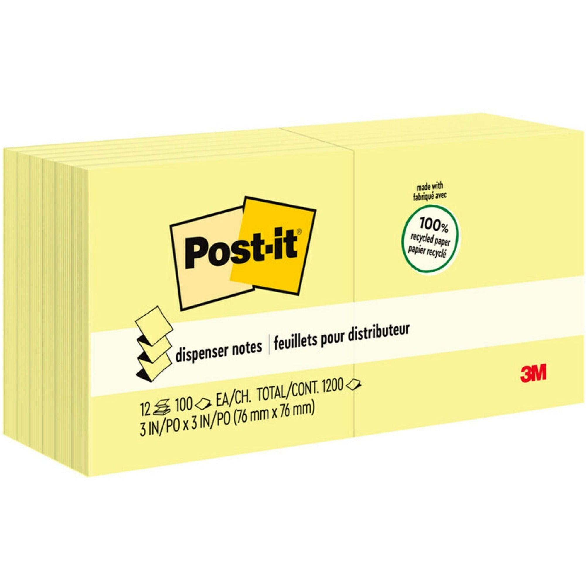 Post-it® Greener Dispenser Notes - 1200 - 3" Flag/Note Width x 3" Flag/Note Length - Square - 100 Sheets per Pad - Unruled - Yellow - Paper - Self-adhesive, Repositionable, Non-smearing - Recycled - 12 / Pack