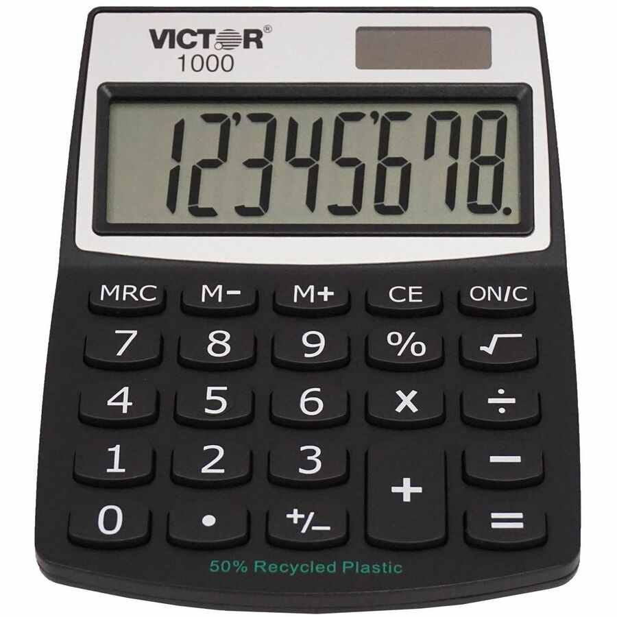 Victor 1000 Mini Desktop Calculator - Large LCD, Battery Backup, Independent Memory, Plastic Key, Dual Power - 0.71" - 8 Digits - LCD - Battery/Solar Powered - 0.5" Height x 3.3" Width x 4.3" Depth - Black - Plastic - 1 Each