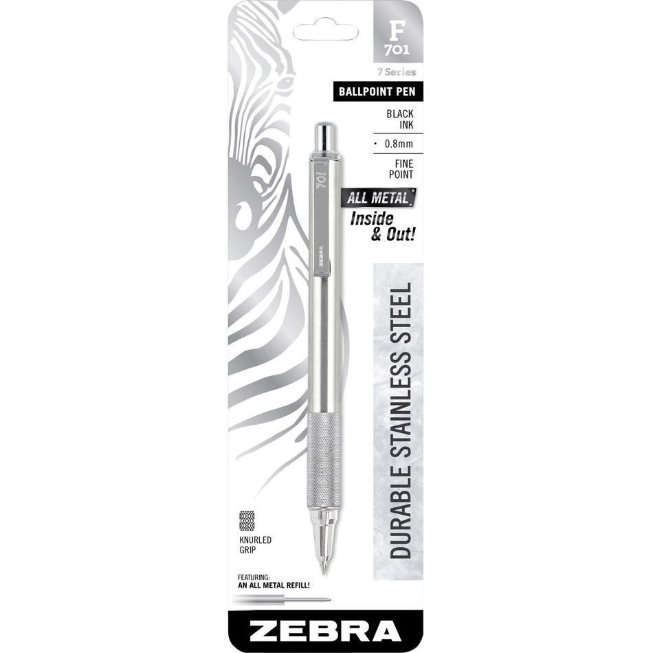 Zebra 7 Series F-701 Retractable Ballpoint Pen - 0.7 mm Fine Pen Point - Refillable - Retractable - Black Ink - Stainless Steel Barrel - 1 Each
