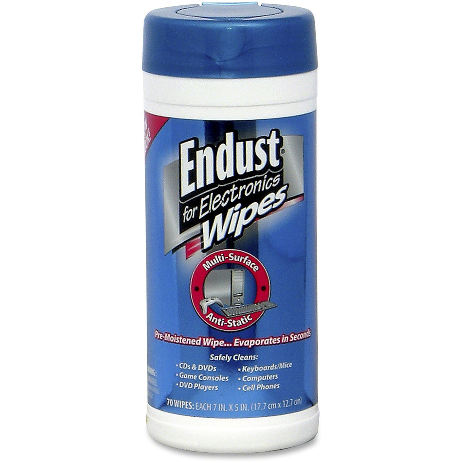 Endust Anti-static Computer Cleaning Wipes - For Desktop Computer, PDA, Keyboard, Telephone, Mobile Phone, Audio Equipment, Optical Media, Copier, Fax Machine - Streak-free, Non-abrasive, Anti-static, Ammonia-free - 70/Tub - 1 Each