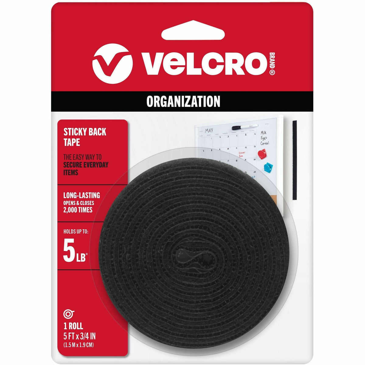 VELCRO®  Sticky Back 5ft x 3/4in Roll Black - 5 ft Length x 0.75" Width - Black - Dispenser Included - For Multipurpose, Indoor, Smooth Surface, Outdoor, Home, School, Office - 1 Roll