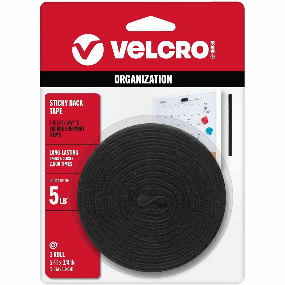 VELCRO®  Sticky Back 5ft x 3/4in Roll Black - 5 ft Length x 0.75" Width - Black - Dispenser Included - For Multipurpose, Indoor, Smooth Surface, Outdoor, Home, School, Office - 1 Roll