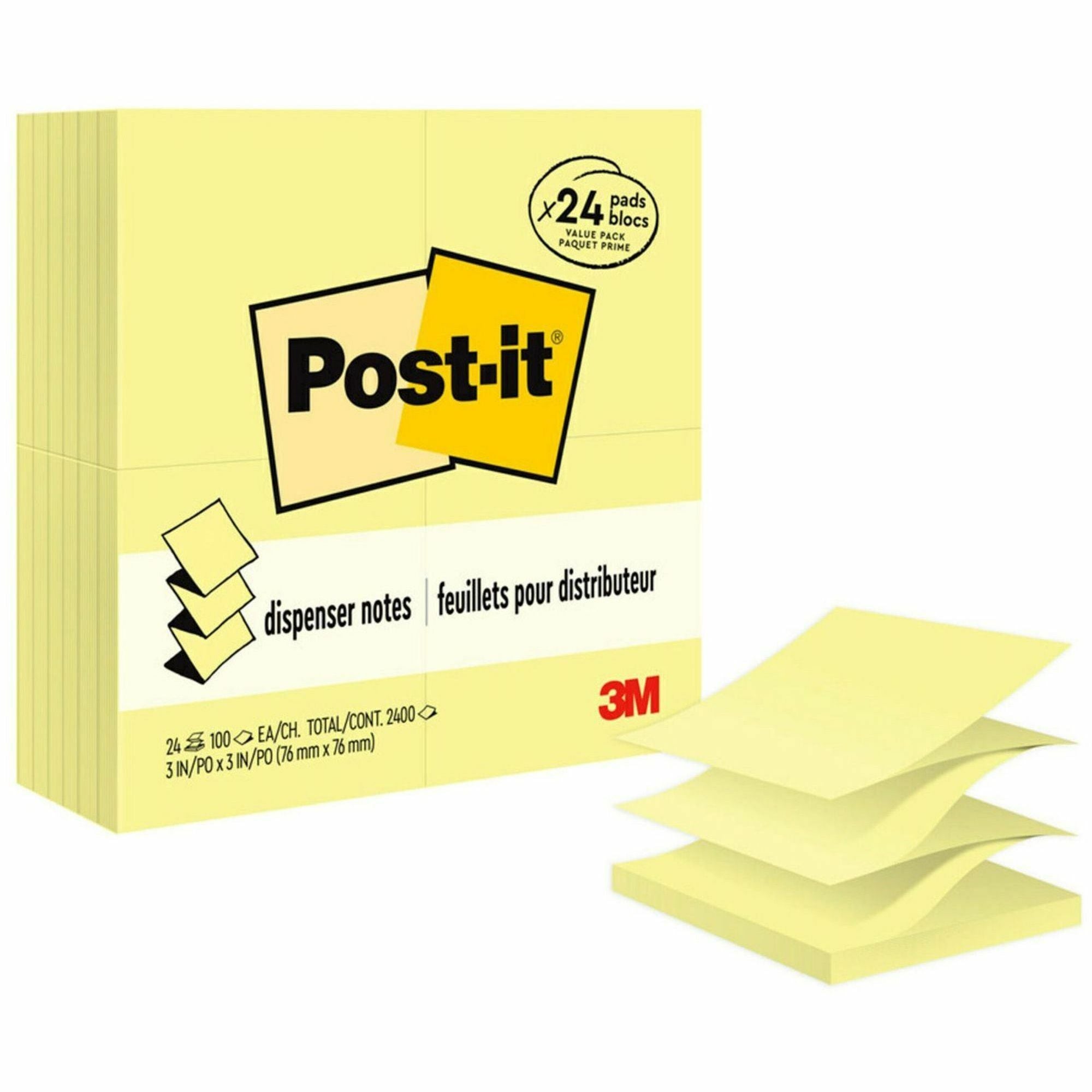 Post-it® Dispenser Notes Value Pack - 2400 - 3" Flag/Note Width x 3" Flag/Note Length - Square - 100 Sheets per Pad - Unruled - Canary Yellow - Paper - Self-adhesive, Repositionable - 24 / Pack