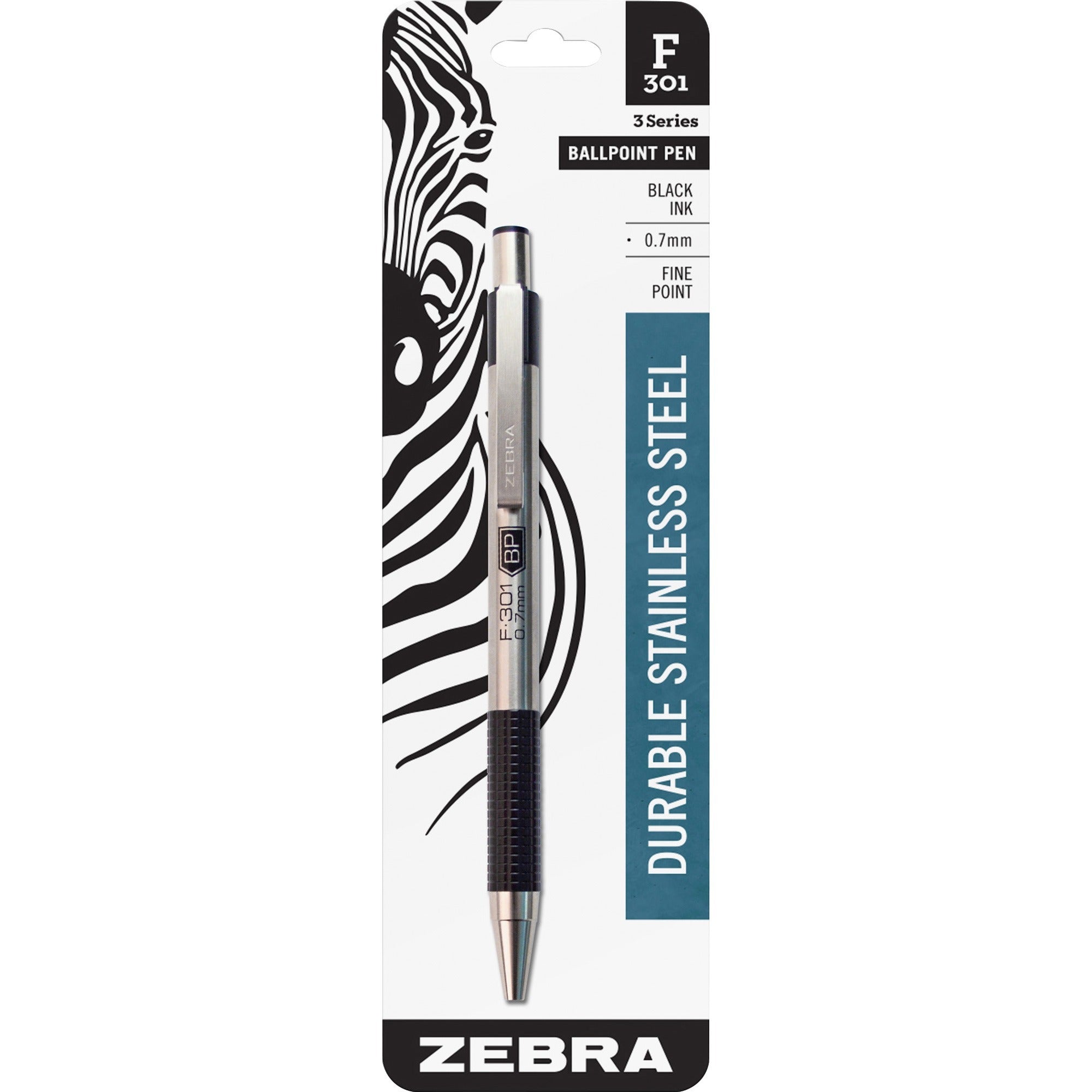 Zebra STEEL 3 Series F-301 Retractable Ballpoint Pen - 0.7 mm Fine Pen Point - Refillable - Retractable - Black Ink - Stainless Steel Barrel - 1 Each