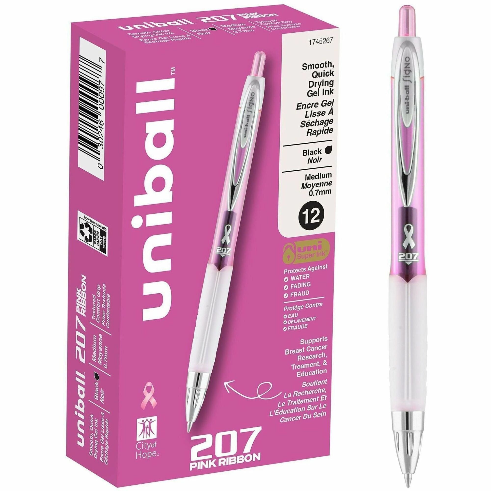 uniball&#8482; 207 Pink Ribbon Gel Pens - 0.7 mm Medium Pen Point - Refillable - Retractable - Black Ink - Gel-based - Pink Barrel - 1 Each