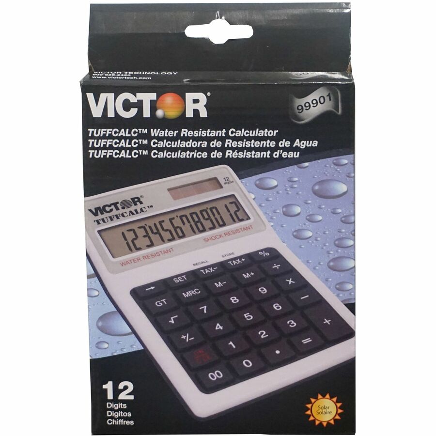 Victor 99901 TuffCalc Calculator - Extra Large Display, Angled Display, Water Proof, Shock Resistant, Battery Backup, 3-Key Memory, Independent Memory, Dual Power, Washable - Battery/Solar Powered - 1.8" Height x 4.6" Width x 6.5" Depth - White - 1 Each