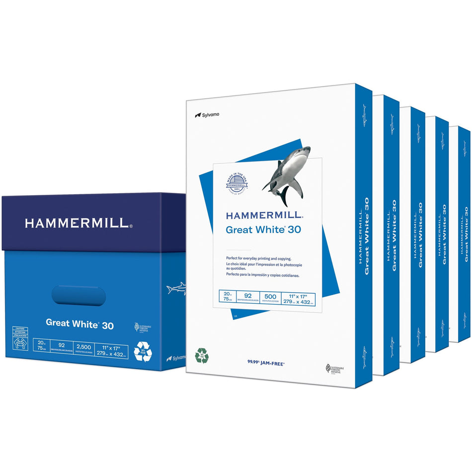 Hammermill Great White Recycled Copy Paper - White - 92 Brightness - 11" x 17" - 20 lb Basis Weight - Acid-free, Moisture Resistant, Archival-safe, Jam-free - White - 500 / Ream