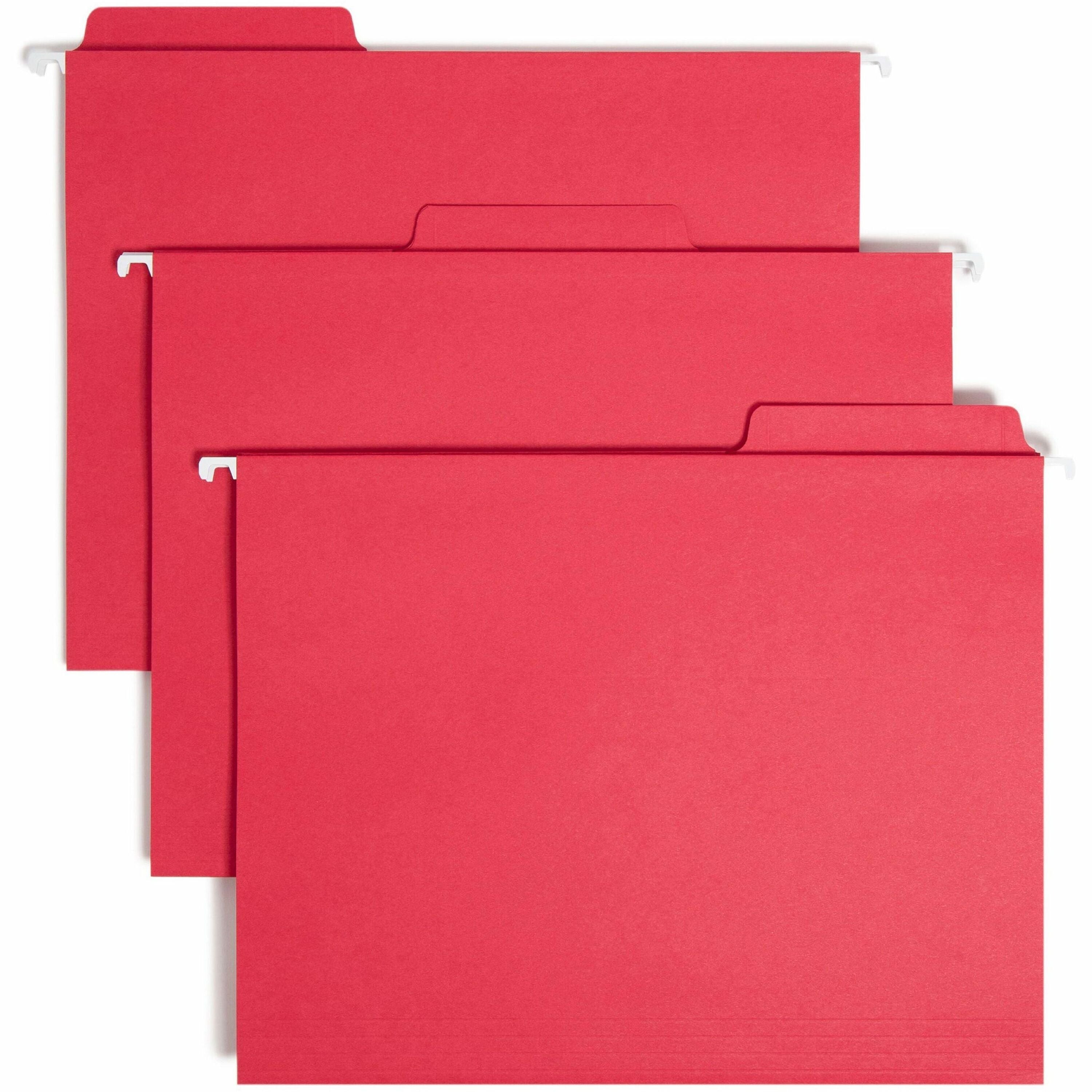 Smead FasTab 1/3 Tab Cut Letter Recycled Hanging Folder - 8 1/2" x 11" - 3/4" Expansion - Top Tab Location - Assorted Tab Position - 11 pt. - 2 Plys - Red - Reinforced Tab, Embossed, Heavy Duty, Tear Resistant - 10% Recycled - 20 / Box