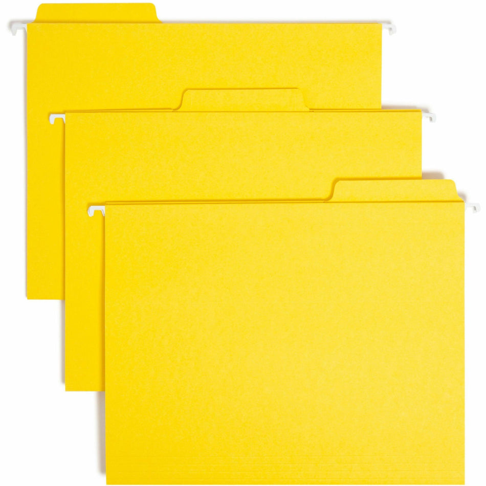 Smead FasTab 1/3 Tab Cut Letter Recycled Hanging Folder - 8 1/2" x 11" - Top Tab Location - Assorted Tab Position - 11 pt. - 2 Plys - Yellow - Heavy Duty, Embossed, Tear Resistant - 10% Recycled - 20 / Box