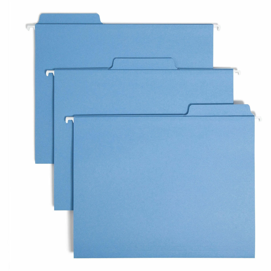 Smead FasTab 1/3 Tab Cut Letter Recycled Hanging Folder - 8 1/2" x 11" - Top Tab Location - Assorted Tab Position - 11 pt. - 2 Plys - Blue - Embossed, Heavy Duty, Tear Resistant - 10% Recycled - 20 / Box