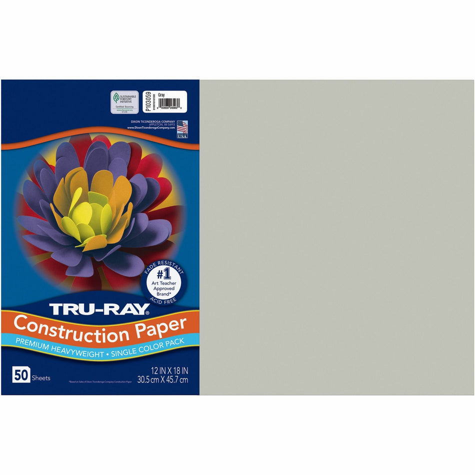Tru-Ray Construction Paper - 18" Width x 12" Length - 76 lb Basis Weight - Gray - Sulphite - 50 / Pack