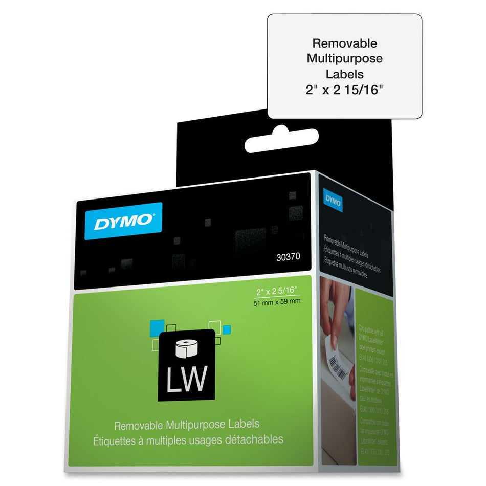 Dymo Removable Multipurpose LabelWriter Labels - 2" Width x 2 11/32" Length - White - 250 / Roll - 1 / Box