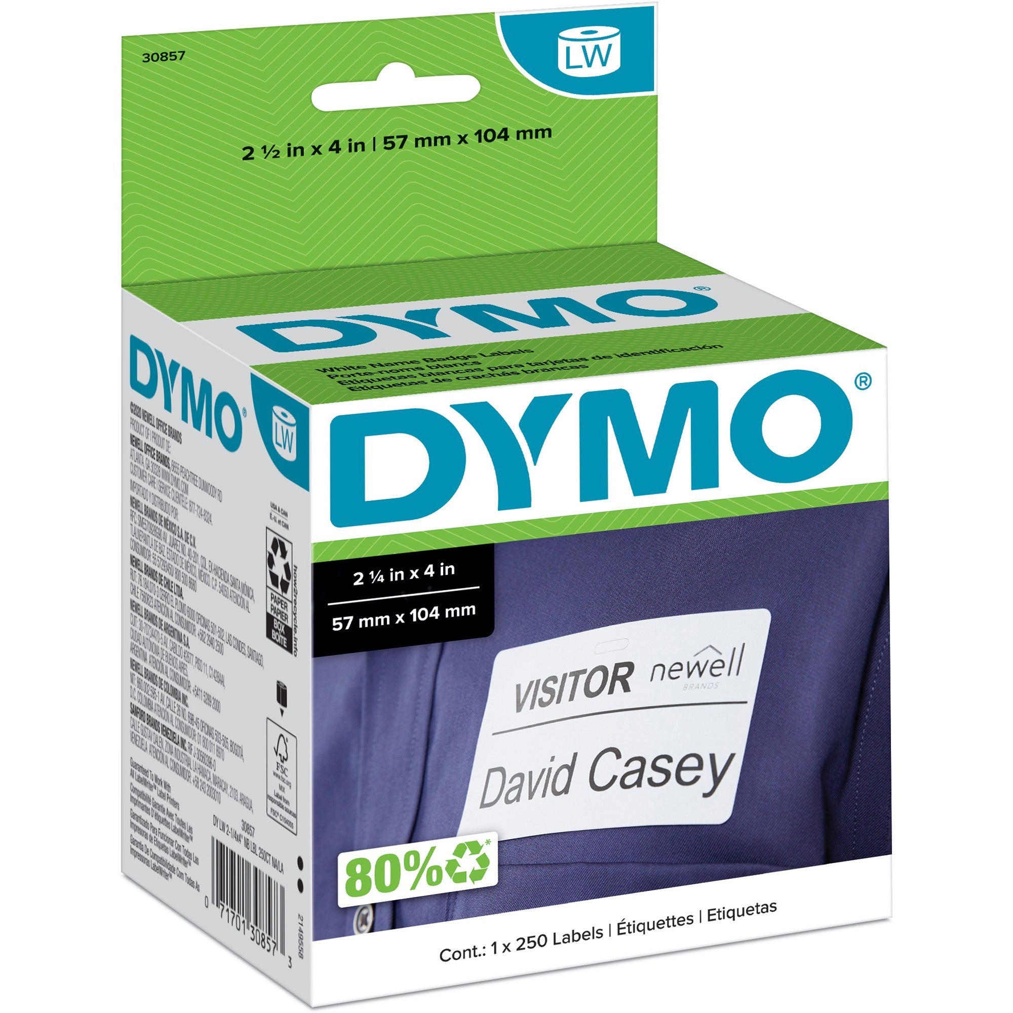 Dymo LabelWriter Adhesive Name Badges - 4" Width x 2 1/4" Length - Removable Adhesive - Rectangle - Direct Thermal - White - Self-adhesive - 250 / Roll