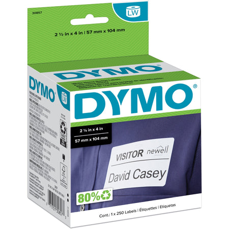 Dymo LabelWriter Adhesive Name Badges - 4" Width x 2 1/4" Length - Removable Adhesive - Rectangle - Direct Thermal - White - Self-adhesive - 250 / Roll