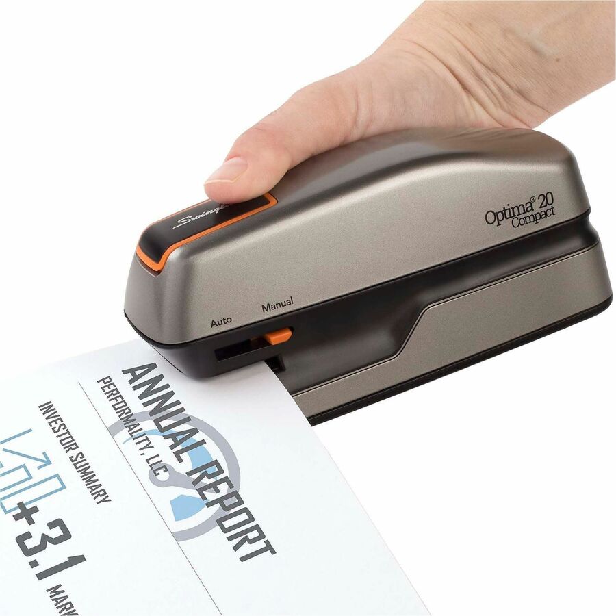 Swingline Optima Grip Electric Stapler - Staples Upto 20 Sheet of 20lb Paper - Holds Upto 105 Staple - Half Strip - Staple Size: 0.25" - 0.37" Throat Depth - 4 x AA Battery Included - Silver, Black - Plastic - 1 Each
