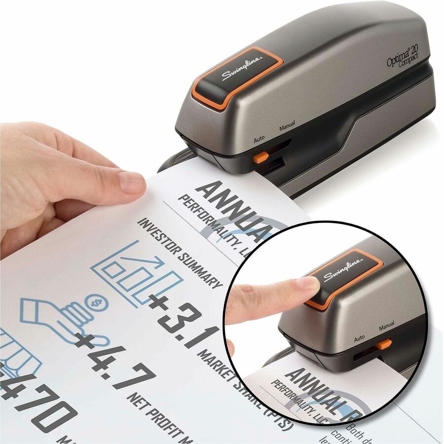 Swingline Optima Grip Electric Stapler - Staples Upto 20 Sheet of 20lb Paper - Holds Upto 105 Staple - Half Strip - Staple Size: 0.25" - 0.37" Throat Depth - 4 x AA Battery Included - Silver, Black - Plastic - 1 Each