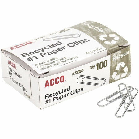 ACCO Recycled Paper Clips - No. 1 - 1.3" Length - 10 Sheet Capacity - Durable, Reusable - Silver - Metal - 100 / Box