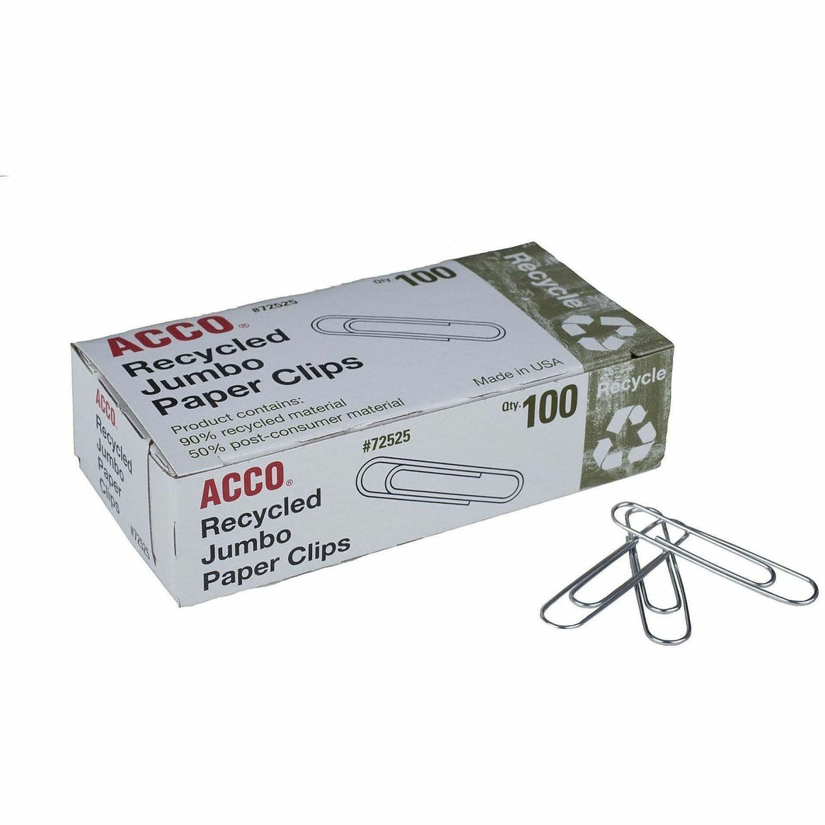 ACCO Recycled Paper Clips - Jumbo - 1.6" Length - 20 Sheet Capacity - Reusable, Durable - Silver - Metal - 100 / Box