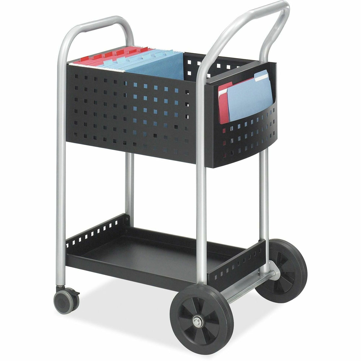 Safco Scoot Mail Cart - 2 Shelf - 300 lb Load Capacity - 4 Casters - 3" , 8" Caster Size - Steel - 22" Width x 27" Depth x 40.50" Height - Black, Silver - 1 Each
