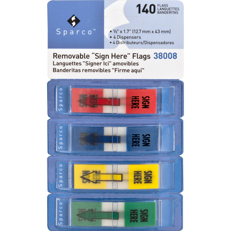 Sparco "Sign Here" Preprinted Self-stick Flags - 1/2" Flag/Note Width x 1 3/4" Flag/Note Length - Rectangle - SIGN HERE - Assorted - Removable, Self-adhesive - Dispenser Included - 1 / Pack