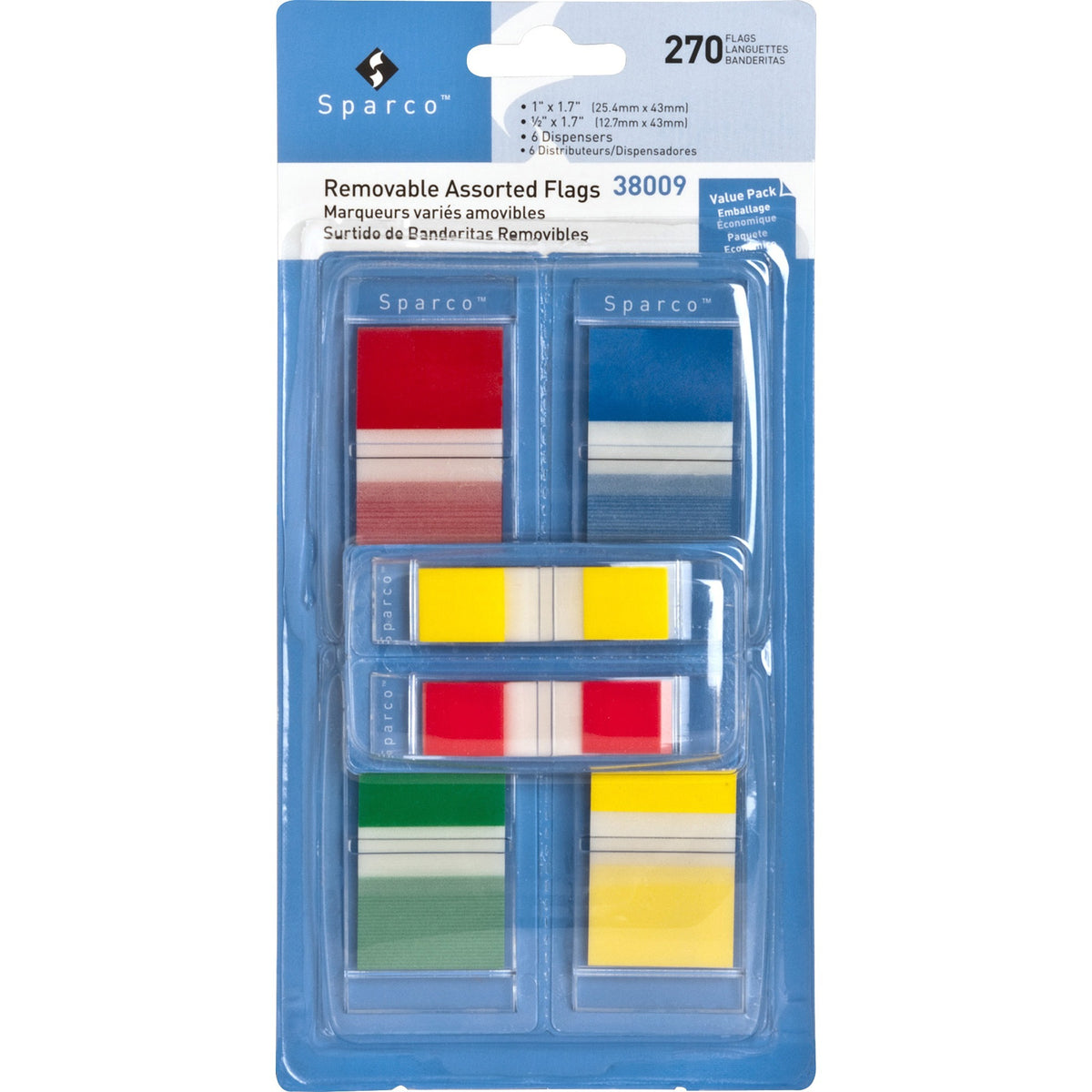 Sparco Removable Flags Combo Pack - 1" Flag/Note Width, 1/2" Flag/Note Width - Rectangle - Assorted - Self-adhesive - Dispenser Included - 270 / Pack