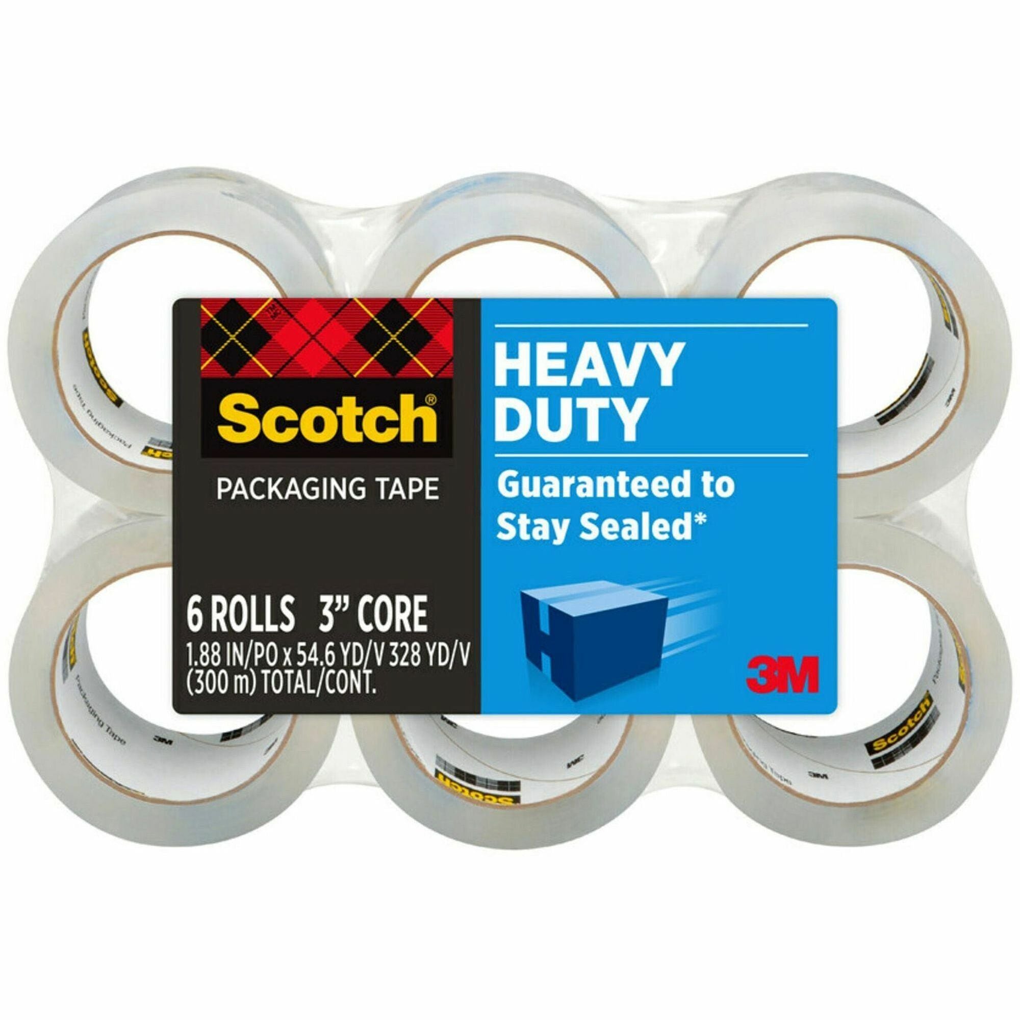 Scotch Heavy-Duty Shipping/Packaging Tape - 54.60 yd Length x 1.88" Width x 3.1 mil Thickness - 3" Core - Clear - Synthetic Rubber Resin - Rubber Resin Backing - Breakage Resistance - For Packing, Mailing, Moving, Shipping, Protecting, Holding - 6 / Pack