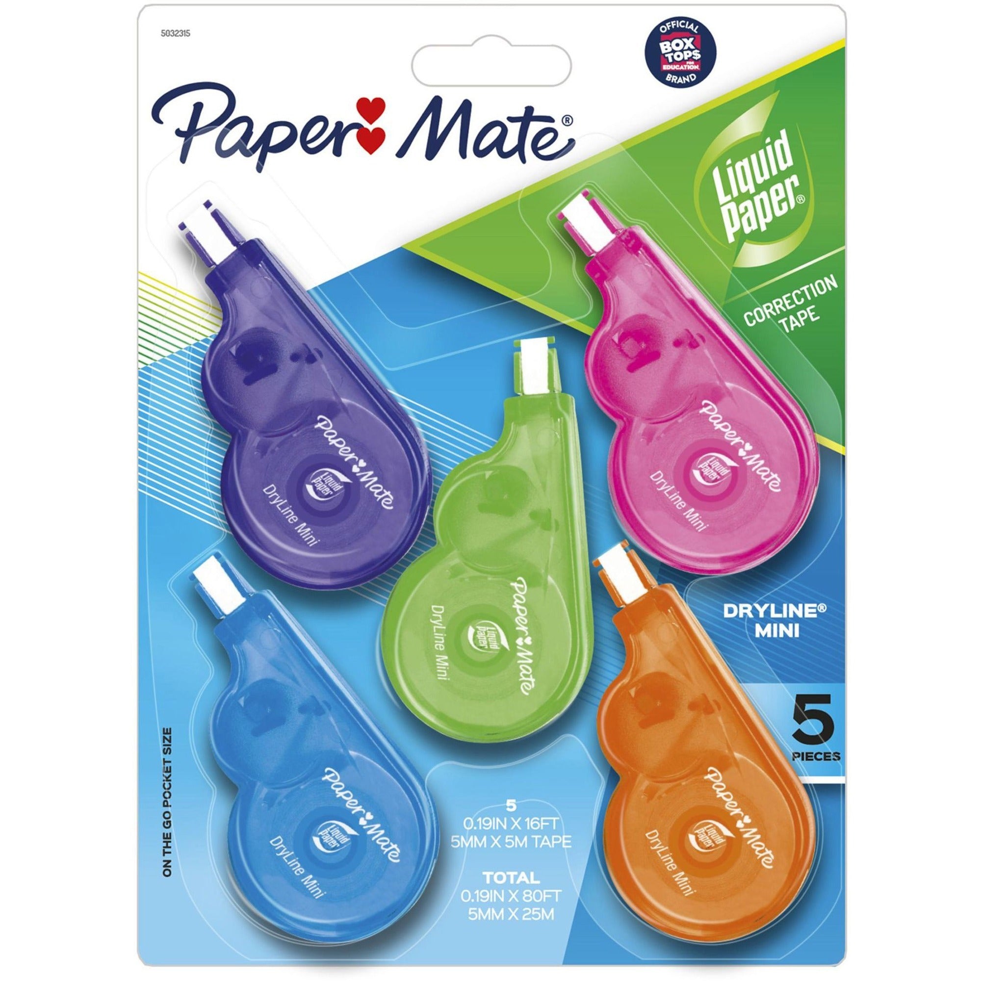Paper Mate Dryline Mini Grip Correction Tape - 0.20" Tape Width x 16.42 ft Tape Length - White Tape - Ergonomic Assorted Dispenser - Assorted - 5 / Pack