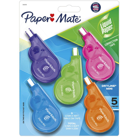 Paper Mate Dryline Mini Grip Correction Tape - 0.20" Tape Width x 16.42 ft Tape Length - White Tape - Ergonomic Assorted Dispenser - Assorted - 5 / Pack