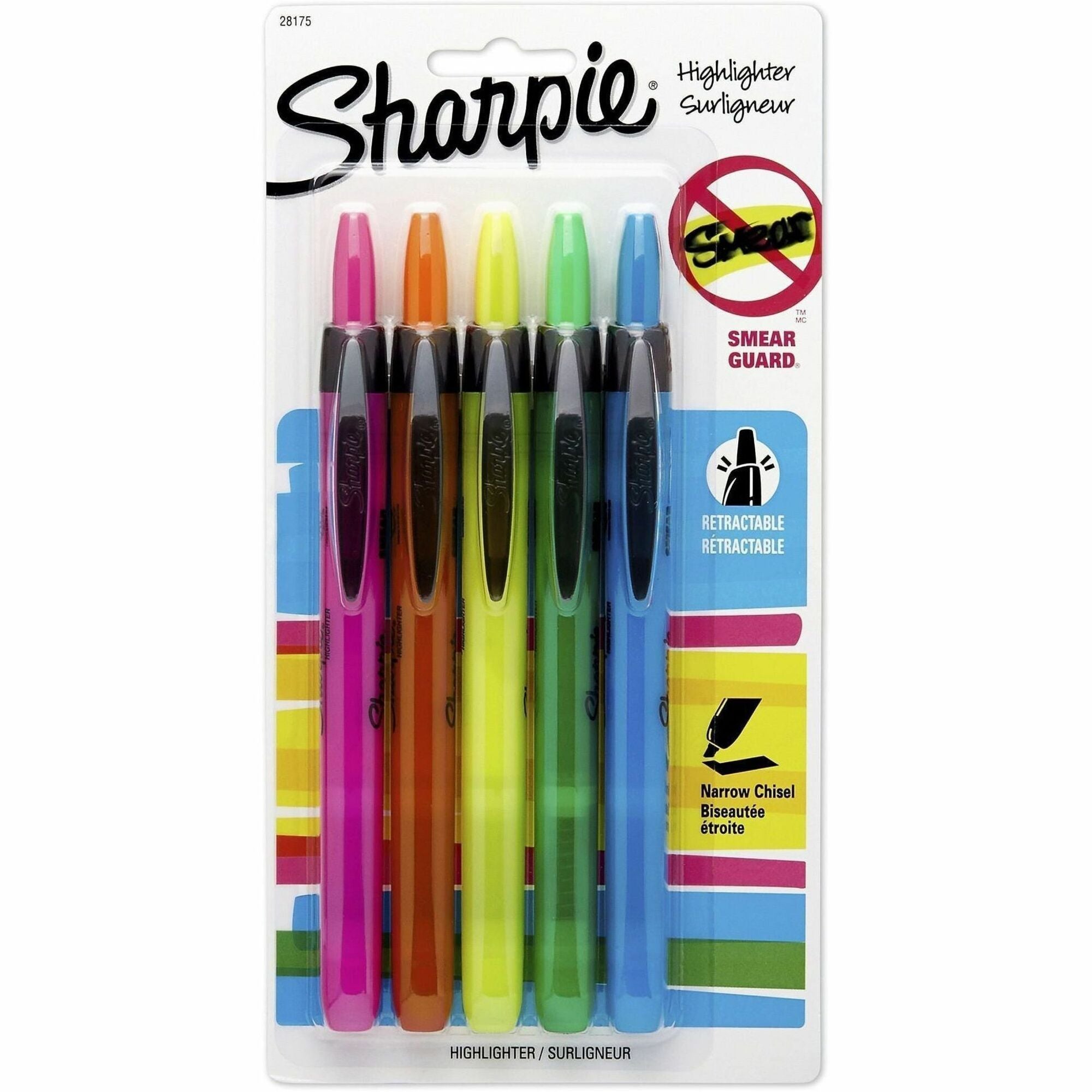 Sharpie Smear Guard Retractable Highlighters - Chisel Marker Point - Retractable - Assorted Ink - 5 / Set