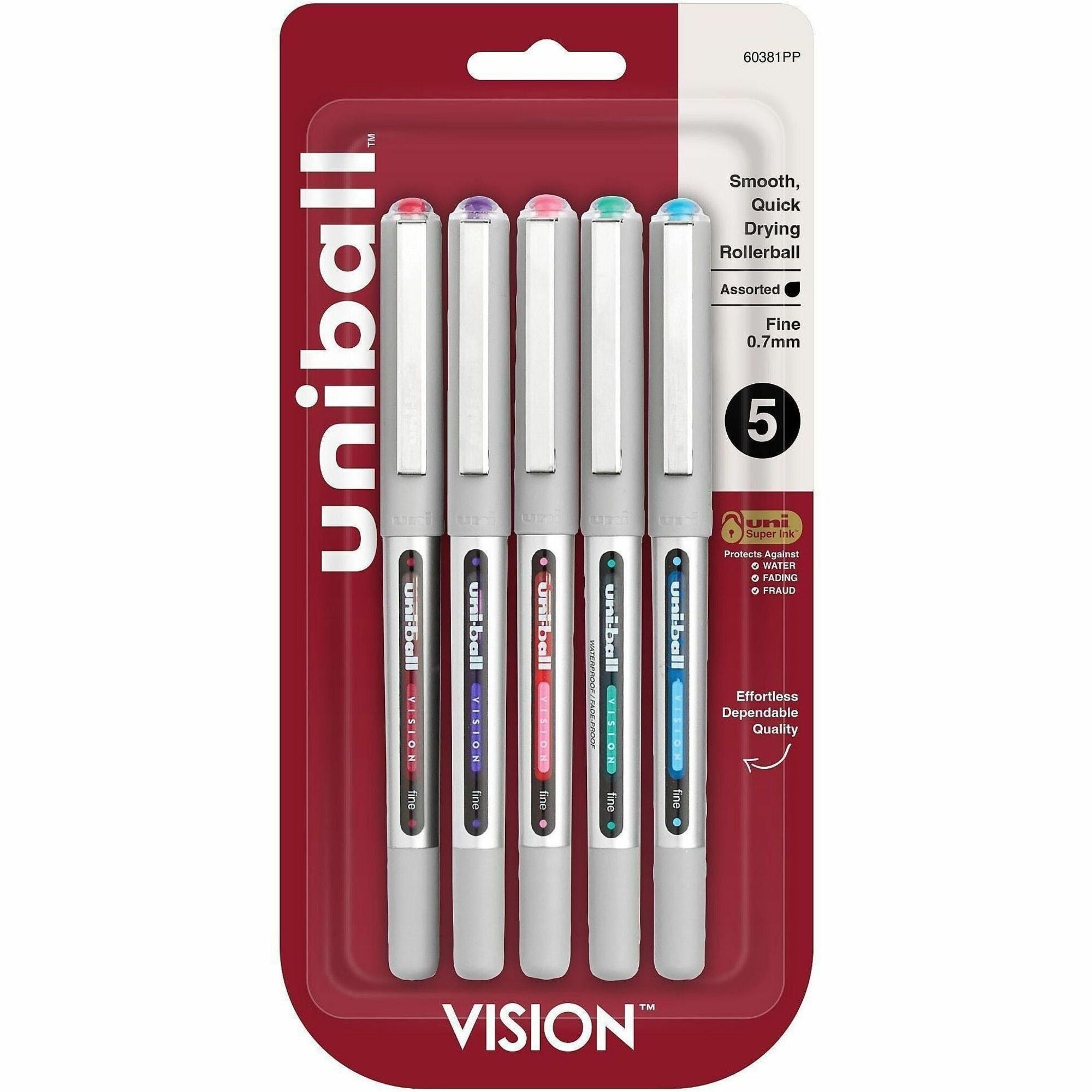 uniball&#8482; Vision Rollerball Pens - 0.7 mm Fine Pen Point - Red, Brilliant Blue, Evergreen, Pink, Purple Ink - 5 / Pack