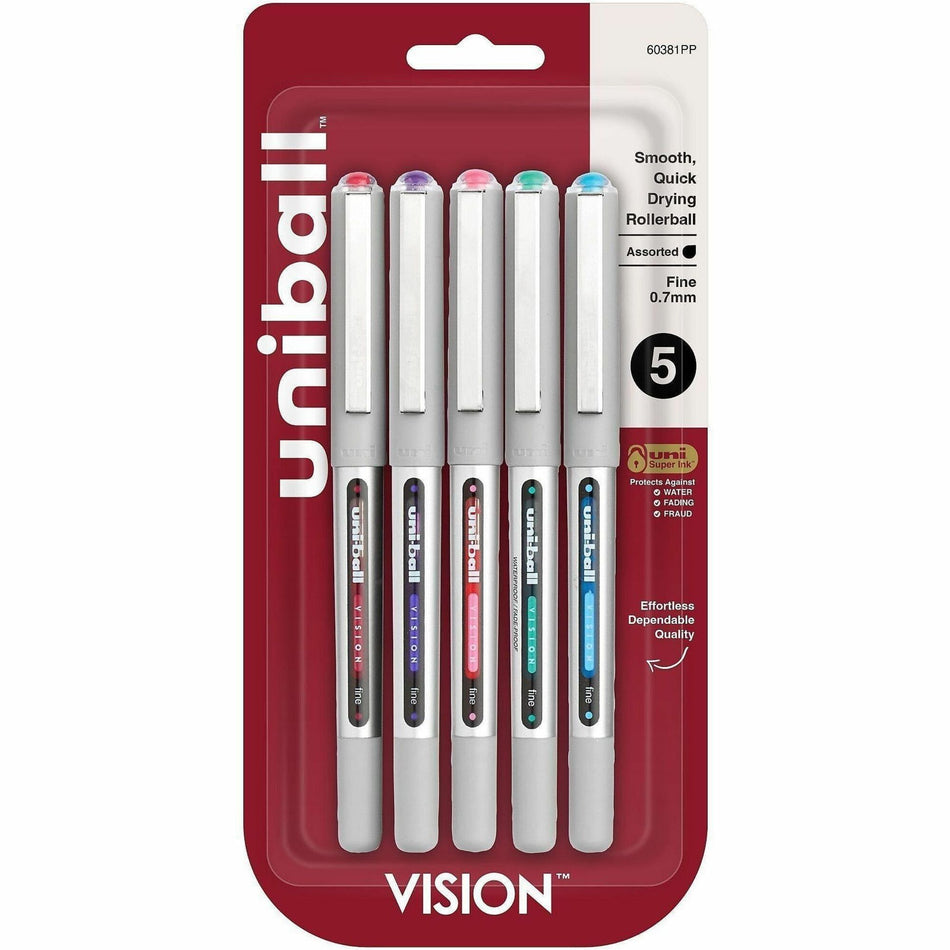 uniball&#8482; Vision Rollerball Pens - 0.7 mm Fine Pen Point - Red, Brilliant Blue, Evergreen, Pink, Purple Ink - 5 / Pack