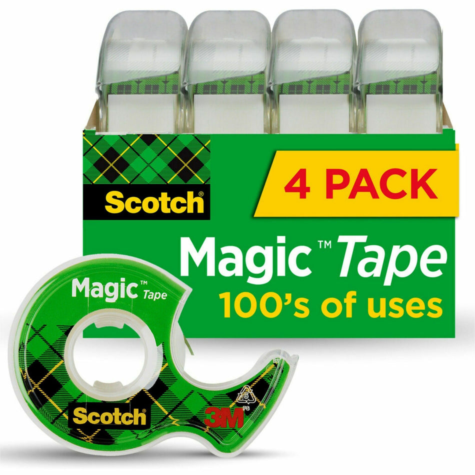 Scotch Nonyellowing Magic Tape Dispenser - 25 ft Length x 0.75" Width - 1" Core - Matte - Clear - Dispenser Included - Handheld Dispenser - For Sealing, Packing - 4 / Pack