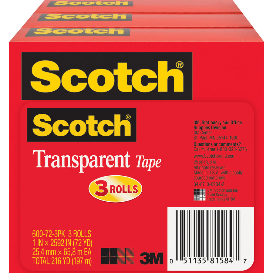 Scotch Transparent Tap - 72 yd Length x 1" Width - 3" Core - Clear - Long Lasting, Moisture Resistant, Stain Resistant - For Sealing, Label Protection, Wrapping, Mending - 3 / Pack