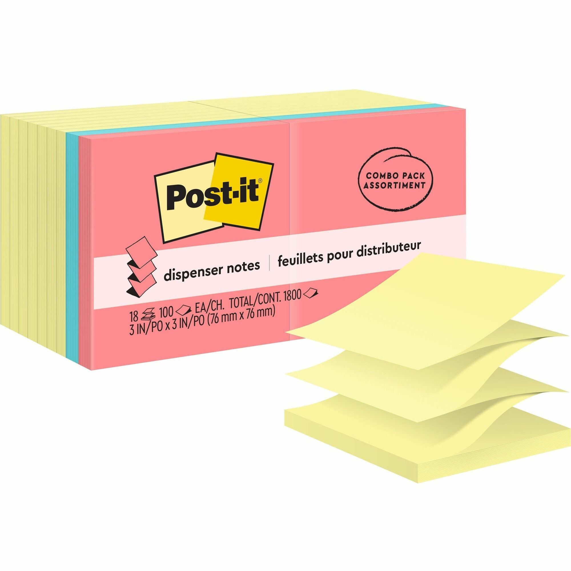 Post-it® Dispenser Notes - Assorted Colors - 1800 - 3" Flag/Note Width x 3" Flag/Note Length - Square - 100 Sheets per Pad - Unruled - Pink, Blue, Yellow - Paper - Pop-up, Self-adhesive, Repositionable - 18 / Pack