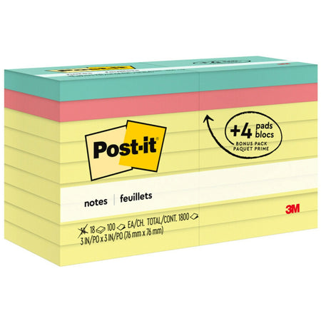 Post-it® Notes Original Notepads - 1800 - 3" Flag/Note Width x 3" Flag/Note Length - Square - 100 Sheets per Pad - Unruled - Canary Yellow - Paper - Removable - 18 / Pack