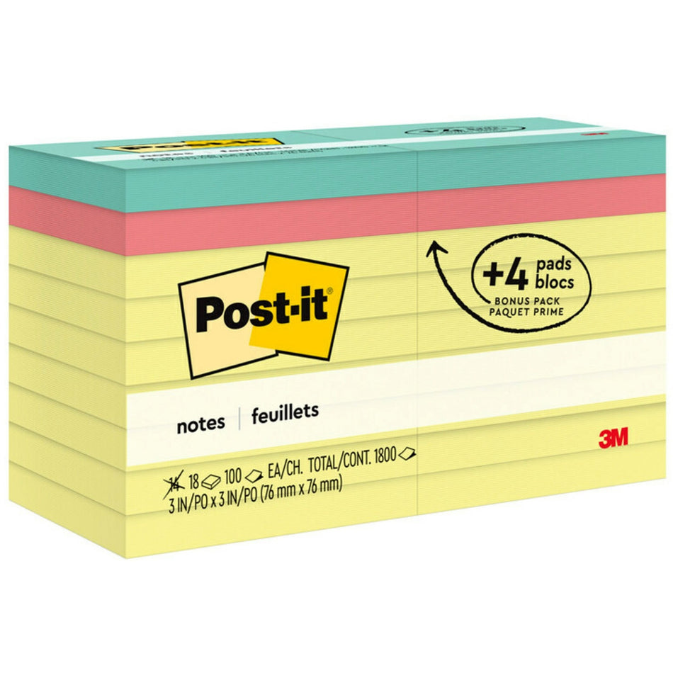 Post-it® Notes Original Notepads - 1800 - 3" Flag/Note Width x 3" Flag/Note Length - Square - 100 Sheets per Pad - Unruled - Canary Yellow - Paper - Removable - 18 / Pack