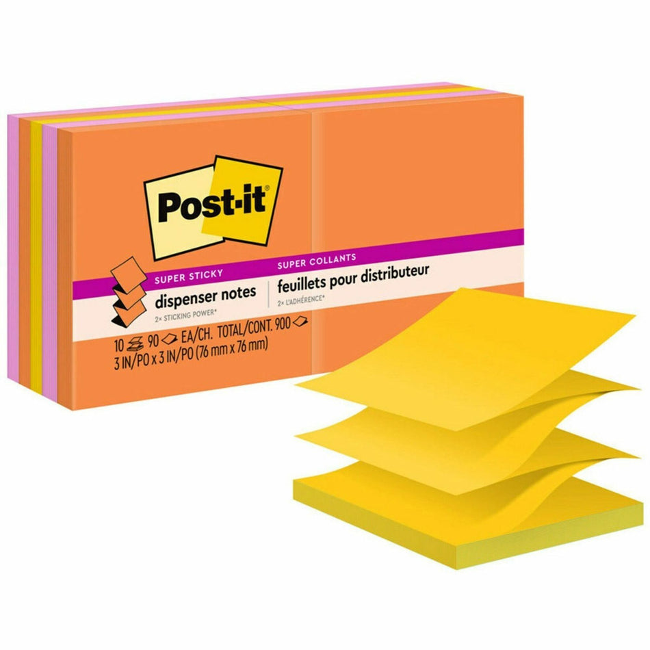 Post-it® Super Sticky Dispenser Notes - Energy Boost Color Collection - 900 - 3" Flag/Note Width x 3" Flag/Note Length - Square - 90 Sheets per Pad - Unruled - Vital Orange, Tropical Pink, Sunnyside - Paper - Self-adhesive, Repositionable - 10 / Pack