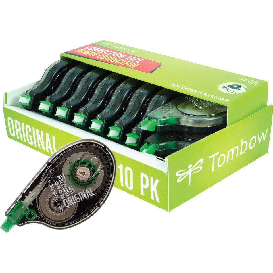 Tombow Original Mono Correction Tape - 0.16" Tape Width x 32.83 ft Tape Length - 1 Line(s) - White Tape - Ergonomic Dispenser - Acid-free, Non-refillable - White - 10 / Pack