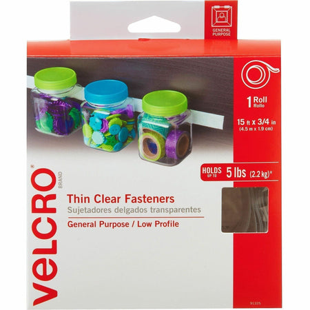 VELCRO®  Thin Clear Fasteners 15ft x 3/4in Roll Clear - 5 ft Length x 0.75" Width - Clear - Water Resistant - For Indoor, Outdoor, Card, Crafting, Scrapbooking, Project, Glass, Plastic, Classroom, Office, Home, ... Roll - 1 Roll
