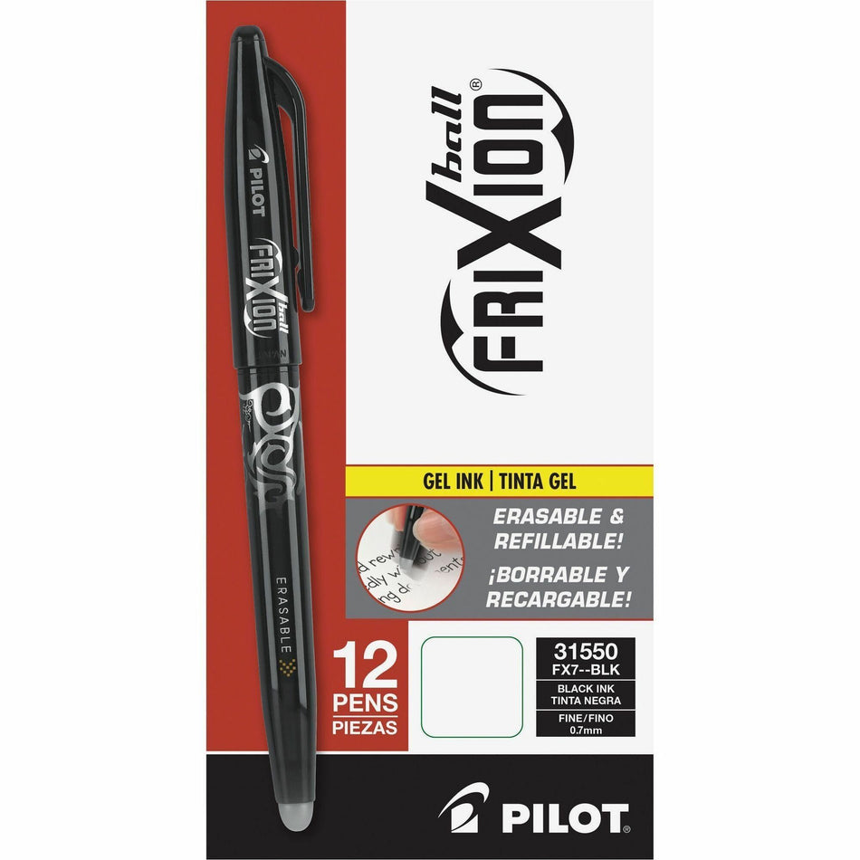 Pilot FriXion Ball Erasable Gel Pens - 0.7 mm Fine Pen Point - Erasable - Black Ink - Gel-based - Black Barrel - 1 Dozen